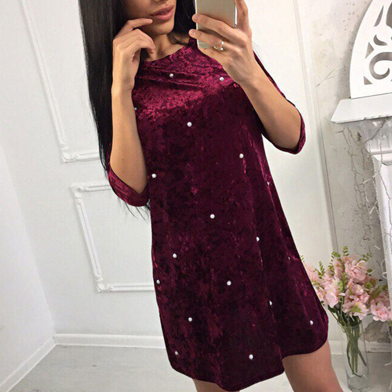 Susi&Rita Elegant Pearl Beaded Velvet Dress Women 2019 Half Sleeve Sho half sleeves dress Susi&Rita Elegant Pearl Beaded Velvet Dress Women 2019 Half Sleeve Sho half sleeves dress