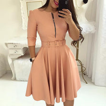 Load image into Gallery viewer, Women Fall Half Sleeve Elegant Tunic Party Dress Female O Neck Solid Zipper Belted Pleated Casual Office Dress Vestidos mujer