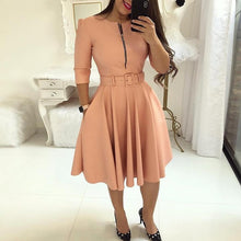 Load image into Gallery viewer, Women Fall Half Sleeve Elegant Tunic Party Dress Female O Neck Solid Zipper Belted Pleated Casual Office Dress Vestidos mujer
