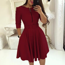 Load image into Gallery viewer, Women Fall Half Sleeve Elegant Tunic Party Dress Female O Neck Solid Zipper Belted Pleated Casual Office Dress Vestidos mujer