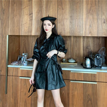 Load image into Gallery viewer, Women PU leather sexy mini dress bodycon  Fashion Zipper Puff Sleeve  autumn button club dress